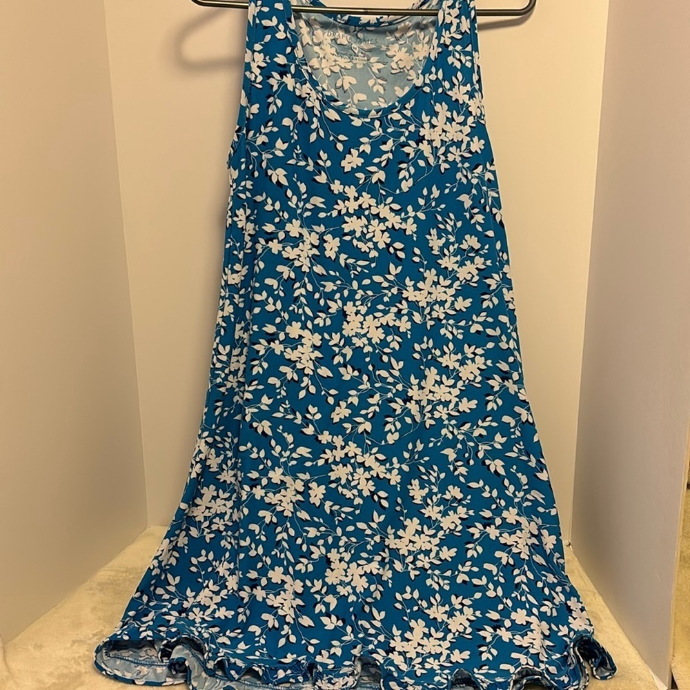 DRAPER JAMES BLUE AND WHITE FLORAL TANK DRESS WITH SMALL RUFFLE ON BOTTOM OF HEM